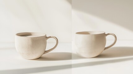 Obraz premium Two images of a beige mug, one in sunlight, one in shadow.