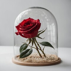 A red rose inside a transparent glass dome on a white background.