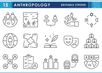 A set of line icons related to Anthropology. Culture, society, ethnography, archaeology, linguistics, rituals, evolution, mythology, and so on. Vector editable stroke.