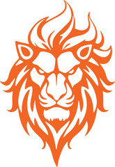Lion head, tribal style, fierce expression, orange flame-like mane