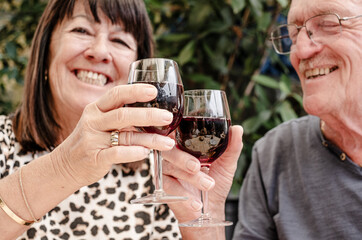 Smiling defocused senior couple sitting at restaurant table toasting with two red wineglasses