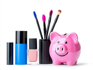 A white-background image featuring a piggy bank and an assortment of cosmetics.