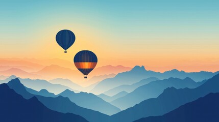 Fototapeta premium Two hot air balloons soar over a majestic mountain range at sunset.