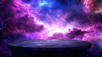 Dark Platform Against Vibrant Cosmic Nebula Background