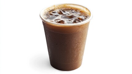 Iced coffee in a plastic cup with ice cubes.