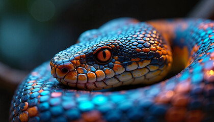 Fototapeta premium Captivating close-up of venomous snake with iridescent scales and intricate patterns