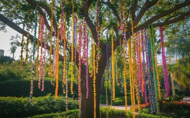Fototapeta premium Colorful Mardi Gras Beads Hanging from a Tree with Bright Green Foliage in a Lush Garden Setting during a Sunny Day