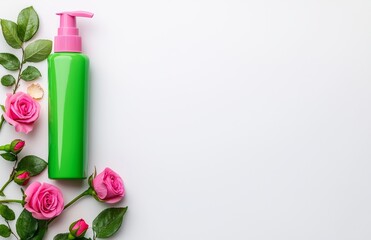 A collection of cosmetics featuring Rose essential oils, including toner, serum, essence, moisturizer, and more, arranged on a white desktop background, top view, with a border. Facial skincare