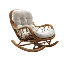 Wicker rocking chair with white cushions png isolated on transparent background