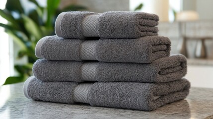 Elegant Gray Towels Stacked Neatly on a Marble Surface