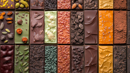 An assortment of chocolate bars arranged creatively with different flavors