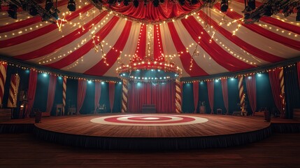 The interior of a circus tent featuring a vibrant stage and central ring beneath a striking red and white striped canopy, creating an exciting and mesmerizing atmosphere for a grand 