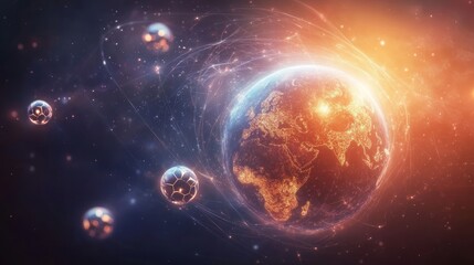 Obraz premium abstract representation of global soccer, featuring a glowing Earth with soccer balls orbiting around it, connected by dynamic light trails, symbolizing international tournaments and unity, 16:9