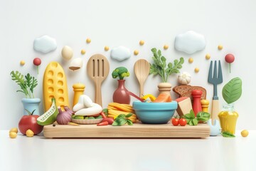 Colorful kitchen utensils and vegetables