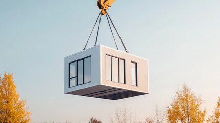 Modern Modular House Being Lifted by a Crane