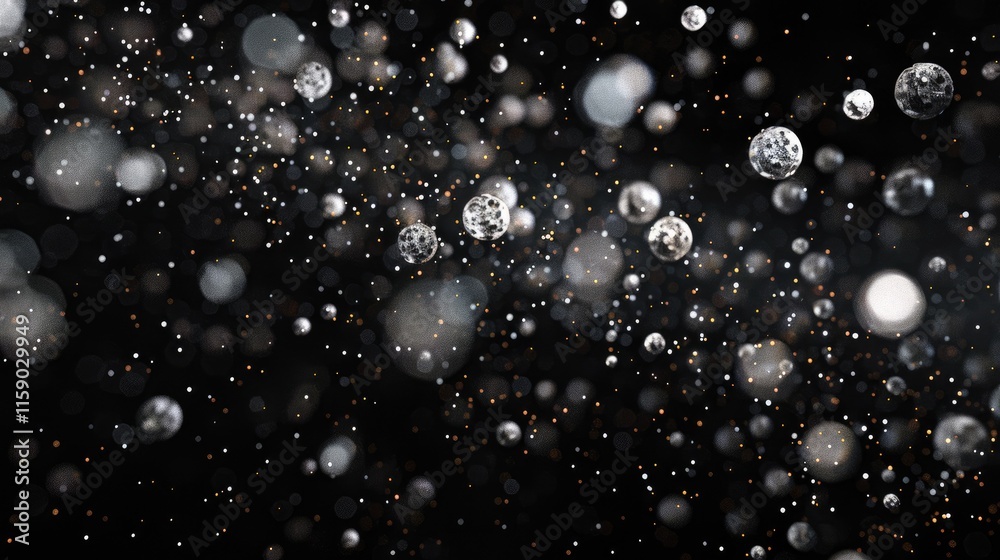 Poster abstract image of floating particles on a black background. the visual features a blend of light and