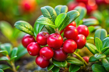 Obraz premium Close-up of ripe lingonberries on a branch with green leaves.