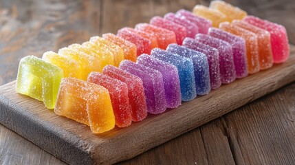 A vibrant assortment of sour gummy belts in rainbow colors, neatly arranged on a wooden board, each piece glistening with a sparkling sugar coating, offering a colorful and tantalizing treat. 