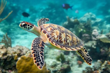 Fototapeta premium Hawksbill Sea Turtle Underwater in a Vibrant Coral Reef
