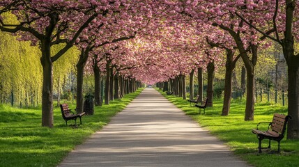 Naklejka premium Serene Cherry Blossom Pathway with Benches in a Lush Park Setting
