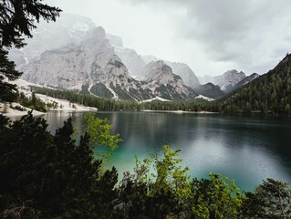 Beautiful landscape panorama of the Pragser Wildsee, Lake Prags, Lake Braies, Lago di Braies, Pragser Wildsee in the 
Dolomites in South Tyrol, Italy. Hiking and holidays in South Tyrol.