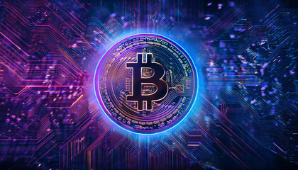  Digital bitcoin coin with glowing circuitry and neon purple blue background