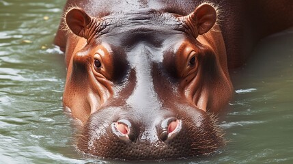 Fototapeta premium Close-up of a hippopotamus partially submerged in water, staring forward.