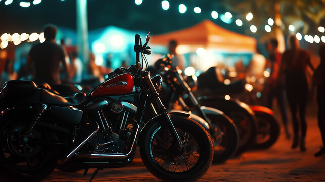 Nighttime motorcycle gathering with vibrant lighting at an outdoor festival