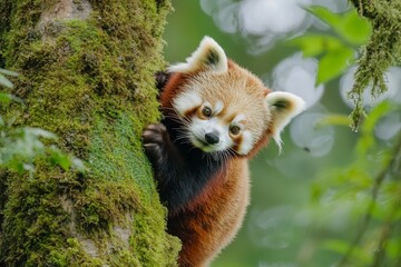 Fototapeta premium Adorable Red Panda on Mossy Tree in Lush Forest