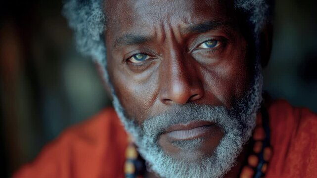 A middle-aged man with unique blue eyes and a graying beard looks thoughtfully into the distance. His expression reflects wisdom and depth, set against a natural background. Generative AI