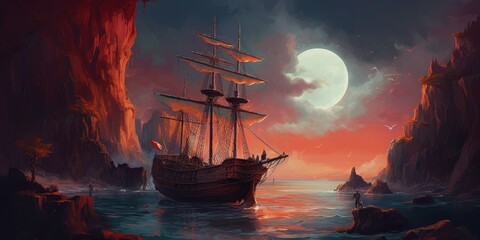 Obraz premium Ship in the sunset.