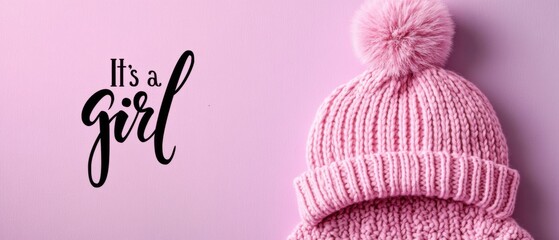 Its a Girl Pink Knit Baby Hat with Pom Pom on Pink Background