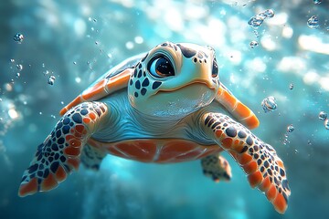 Close-up of a cute cartoon turtle swimming underwater.