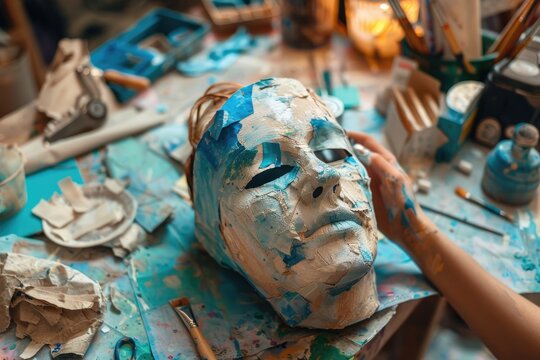 Artisan glue paper with mask make paper mache piece at workshop. Skillful artist mocking object artwork for decoration by carton. Crafting handmade art with artistic tool and creativity idea. AIG61.