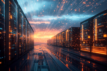 A futuristic data center with rows of towering servers glowing with blue and white LED lights, symbolizing cloud computing and digital communication. the scale of big data storage