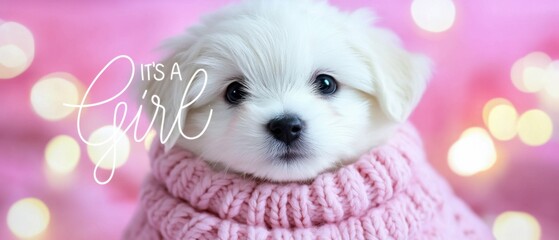 Adorable Maltese Puppy Girl in Pink Sweater, Its a Girl Announcement