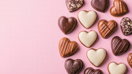 Valentine's chocolate & rose love heart. Assorted heart-shaped chocolates on a pink background.