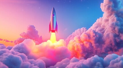 Fototapeta premium Rocket Ascending Through Colorful Cloudscape At Sunset