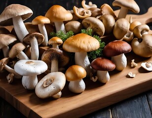 Assorted Mushrooms Displayed on Wooden Cutting Board