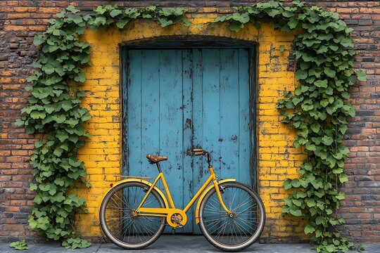 Yellow bicycle leans against a blue door in a brick wall