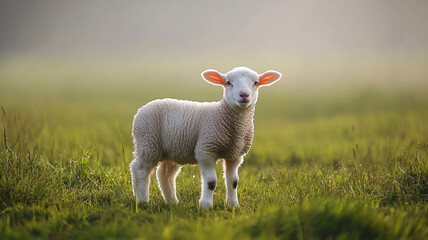 White lamb in misty green field, dreamy morning light