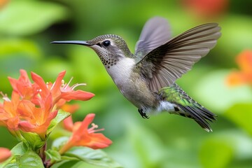 Obraz premium Hummingbird in Flight Near Orange Flowers