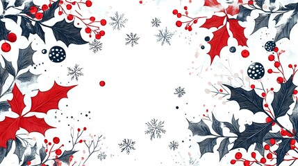 Artistic Christmas and New Year banner with hand-drawn holly leaves, berries and snowflakes on a white background with red accents