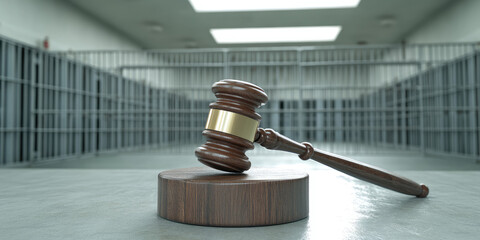 Concept of verdict of prosecution for life sentence. Judge wooden gavel hits the round block. Empty prison cell in background. Justice, judgment, punishment, guilt. 
