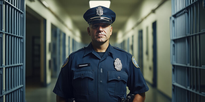 Correctional officer guard in a prison corridor, law enforcement and security in prison or correctional facility 