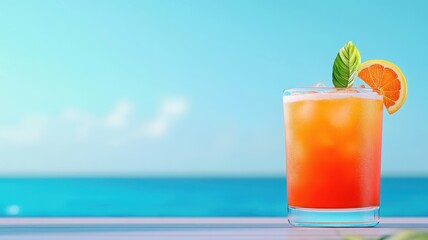 A cool tropical fruit drink on a beach table with a blue sea and a view of the sky