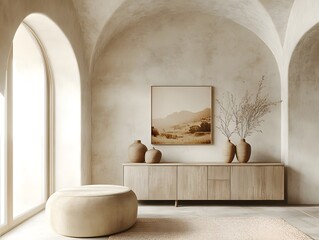 Minimalist Mediterranean-style interior with neutral decor and vases