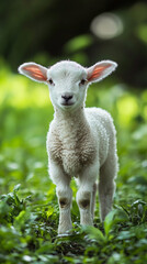 Fototapeta premium White lamb standing in a dew-covered green pasture