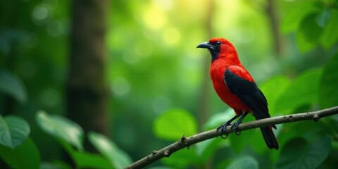 Fototapeta premium A Vivid Scarlet Bird Perched on a Branch Amidst Lush Green Foliage, Basking in the Soft Glow of Sunlight, Displaying its Brilliant Plumage