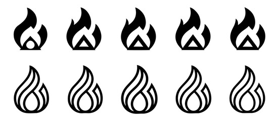 Fire Flame Icon Set Collection on white background.